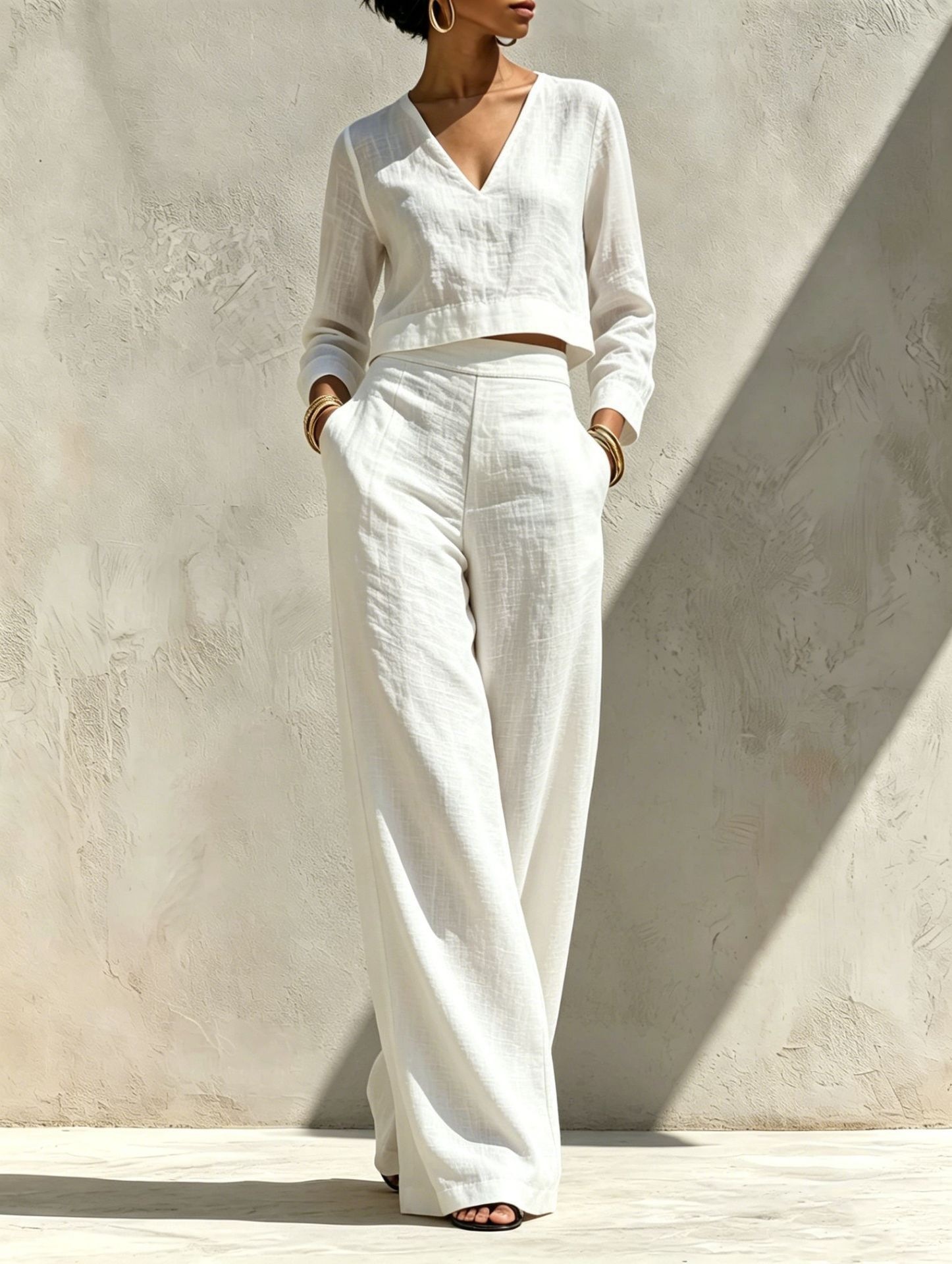 Women's Linen-Blend V-Neck Long-Sleeve Crop Top & High-Waist Wide-Leg Pants Set