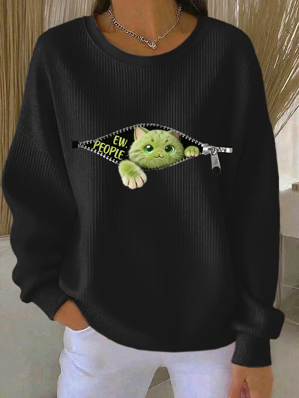 Women's Cartoon Cat Print Zip-Up Crewneck Sweatshirt
