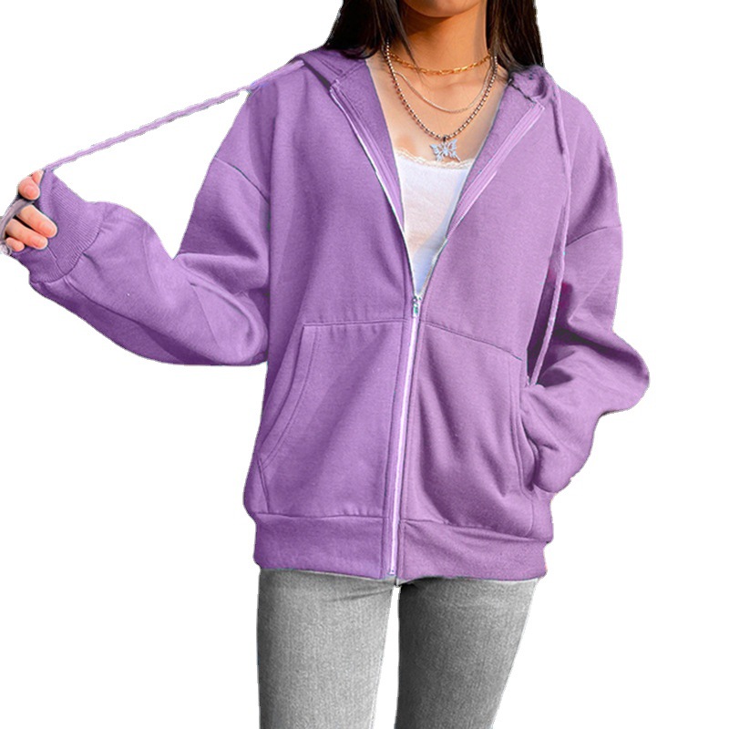 Women's Fleece-Lined Hooded Zip-Up Sweatshirt Long Sleeve Solid Color