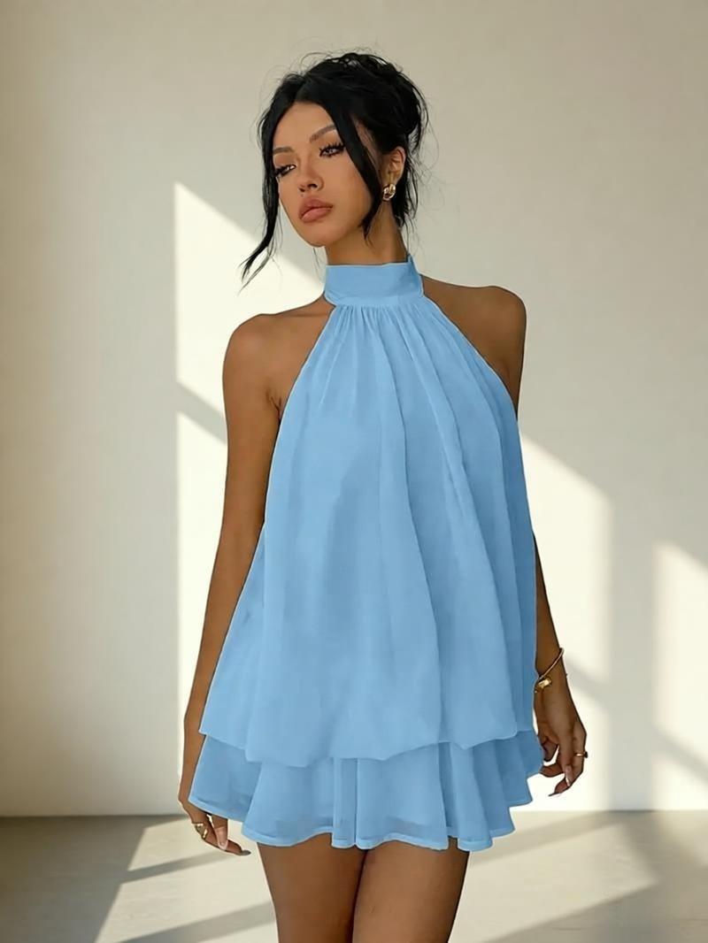 Women's Halter Neck Chiffon Dress High Waist A-Line Mini Vacation Dress