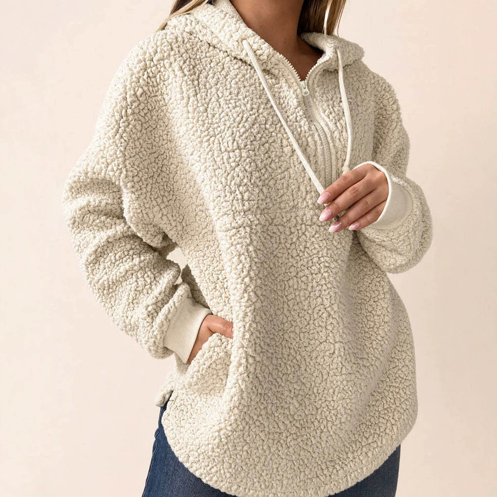 Women's Half-Zip Fleece Hoodie Loose Fit Drawstring Split Hem Pullover