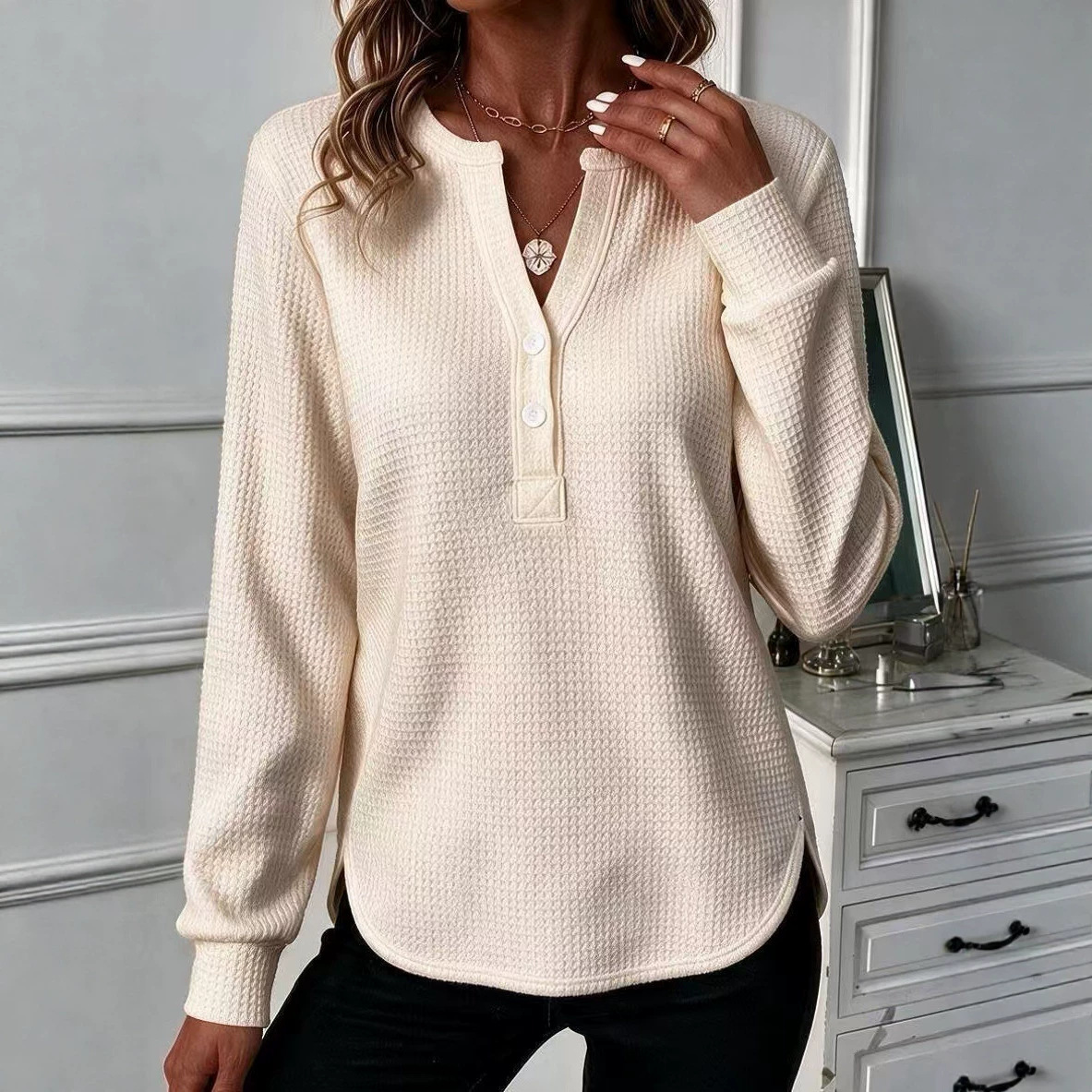 Waffle Knit V-Neck Button Long Sleeve Loose Fit Top