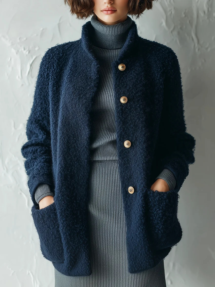 Women's Fuzzy Button-Up Cardigan Solid Color Loose Fit