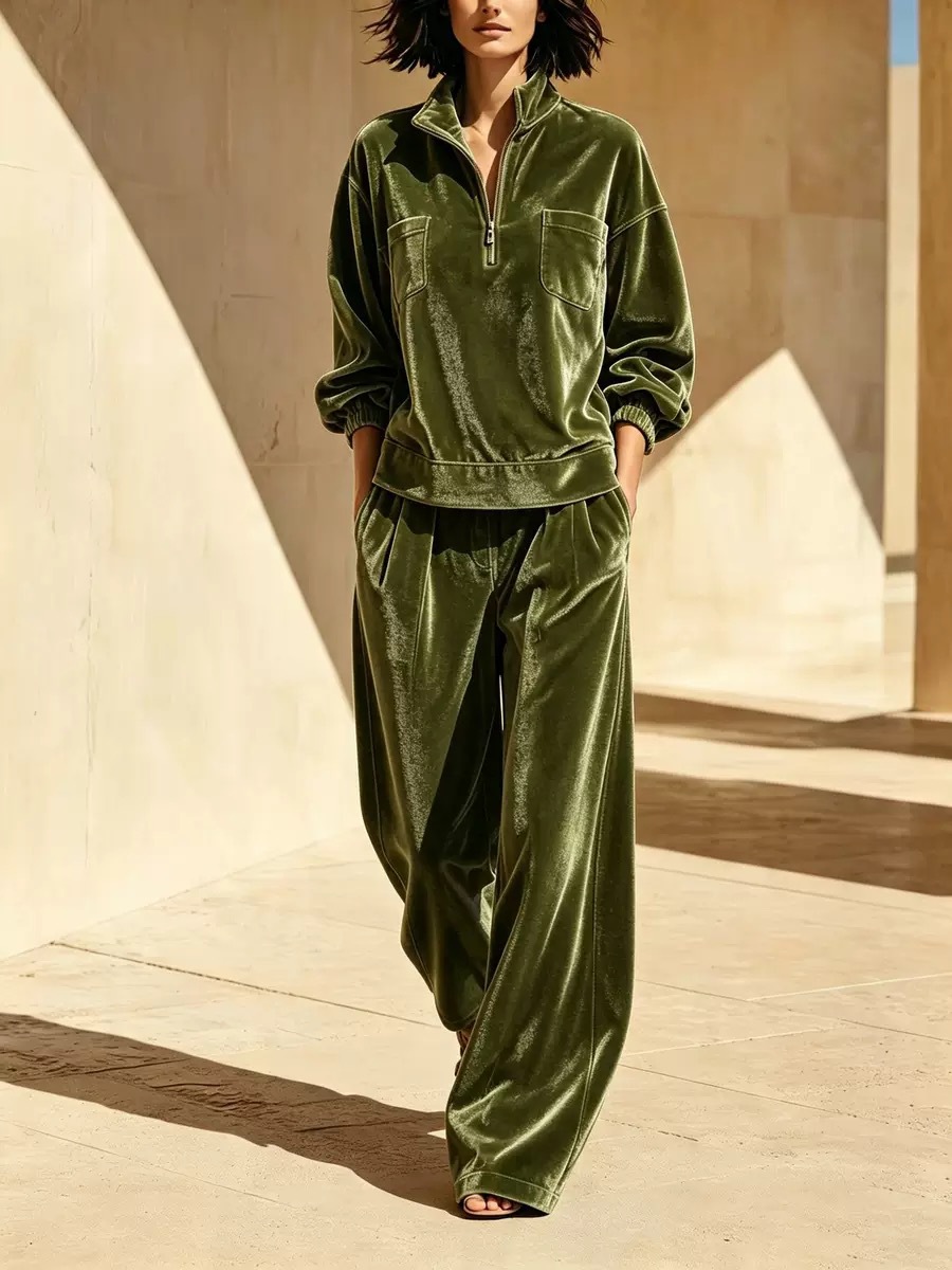 Velvet Lounge Set for Women Long Sleeve Half-Zip Top and Wide-Leg Pants Two-Piece