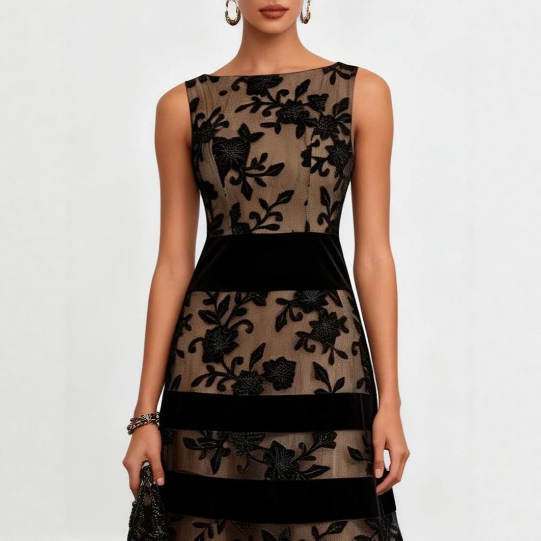 Black Mesh Flocked Jacquard Paneled Bodycon Dress