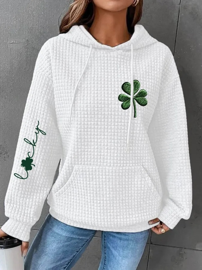 Four-Leaf Clover Waffle Print Women's Casual Hoodie