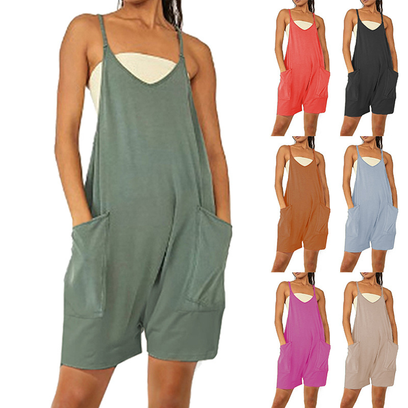 Women's Sleeveless Zip Pocket Romper Shorts Jumpsuit
