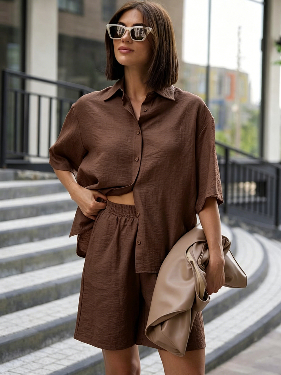 Women's Casual Shirt and Shorts Set Short Sleeve Solid Color Minimalist
