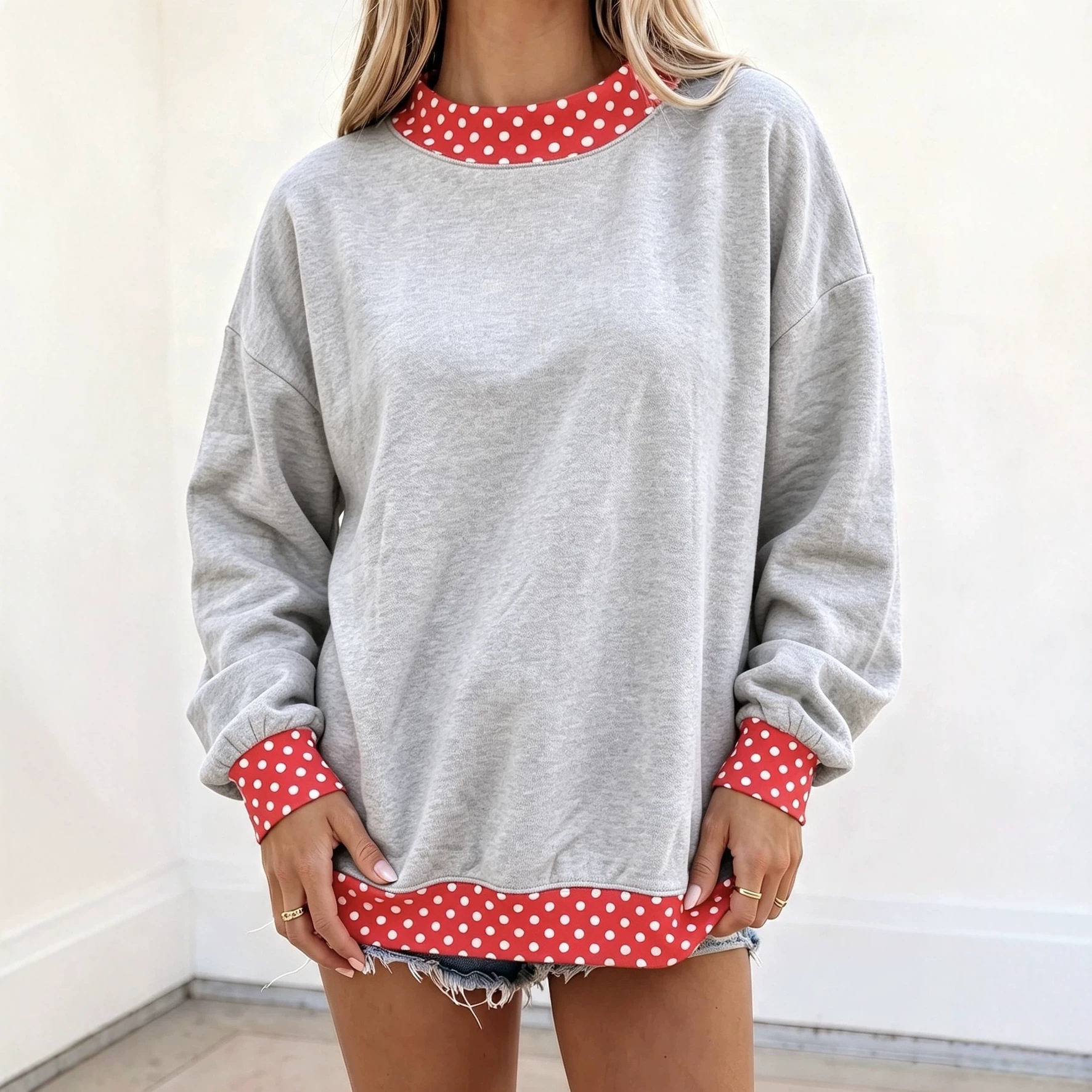 Color-Block Polka Dot Crewneck Loose Fit Women's Sweatshirt