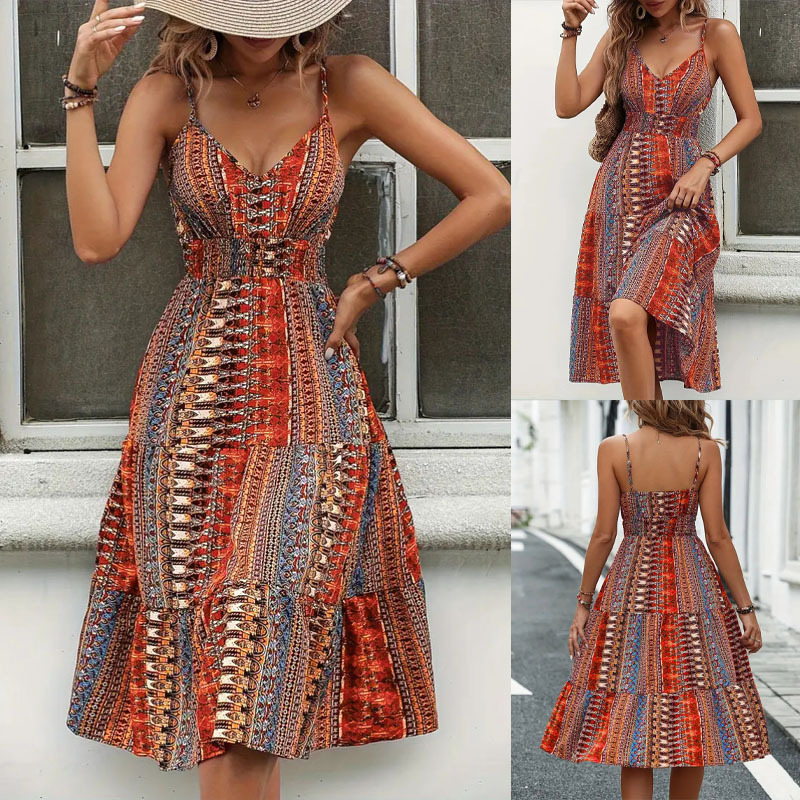 Women's Floral Print V-Neck Backless Sleeveless Cami Dress