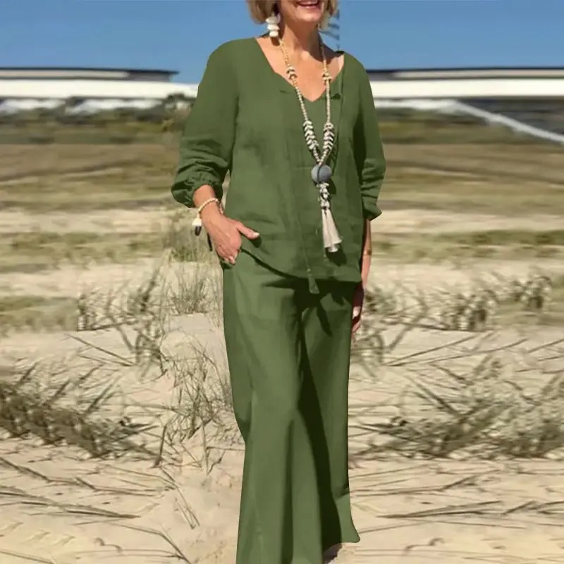 Women's Cotton-Linen Two-Piece Set Solid Color Loose Casual Long Pants