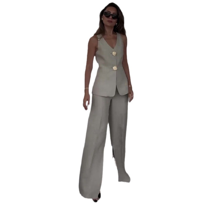 Solid Sleeveless Slim Vest & Suit Pants Set