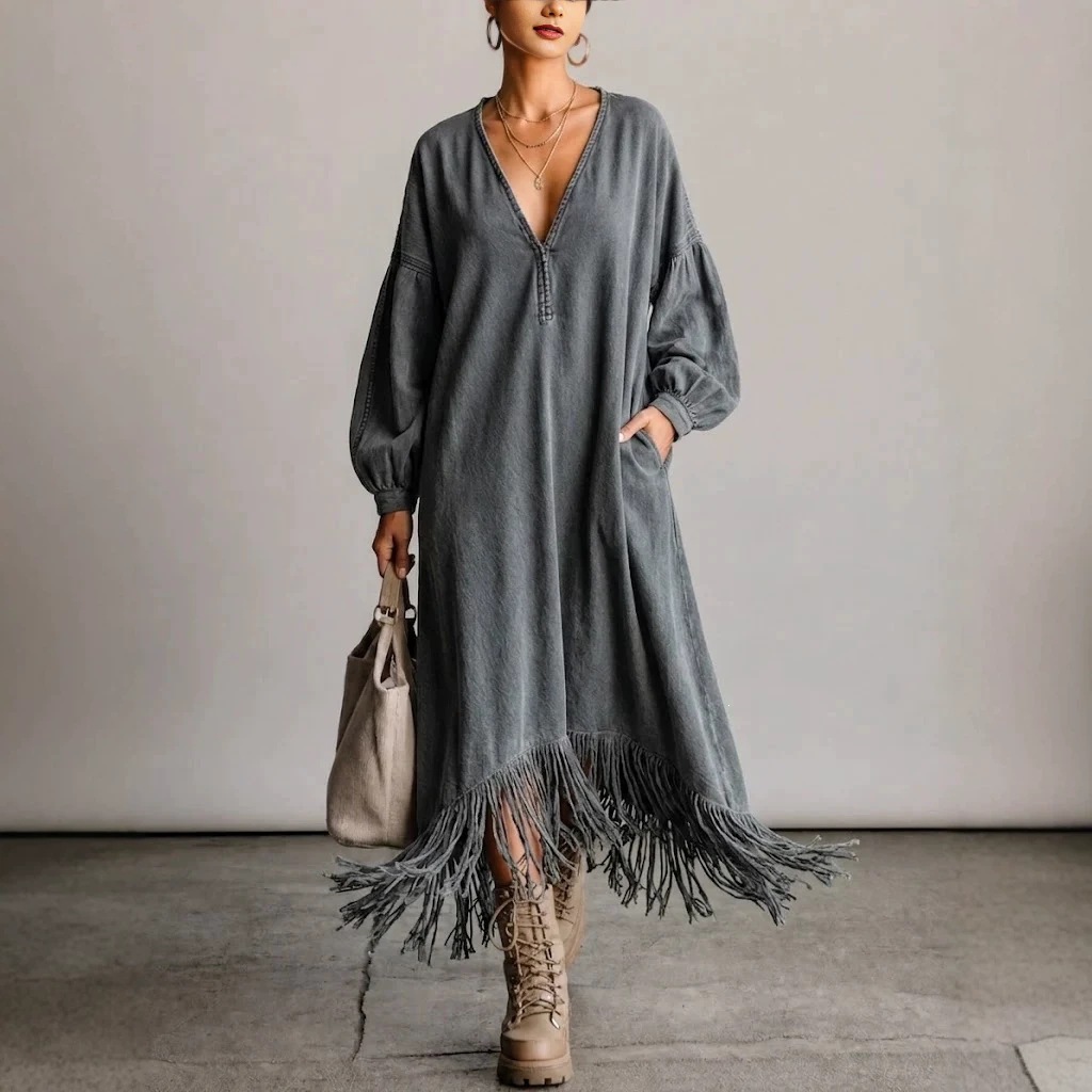 Distressed Washed V-Neck Lantern Sleeve Fringe Maxi Dress with Pockets