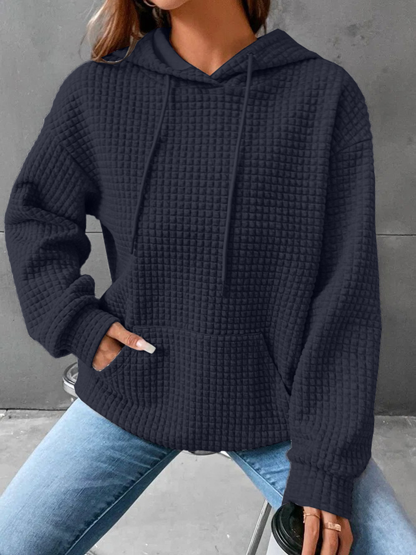 Women's Waffle Knit Crewneck Long-Sleeve Sweatshirt Solid Color