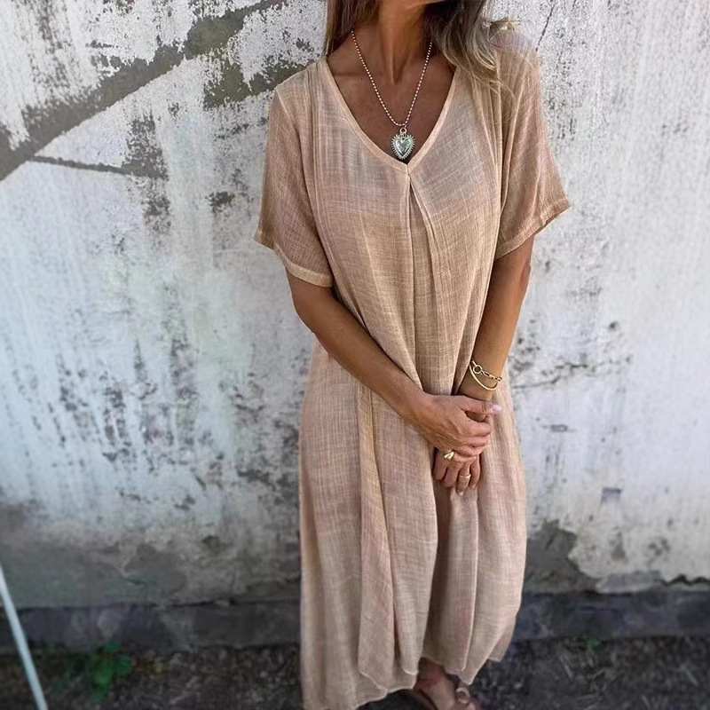 Cotton-Linen V-Neck Semi-Formal Dress
