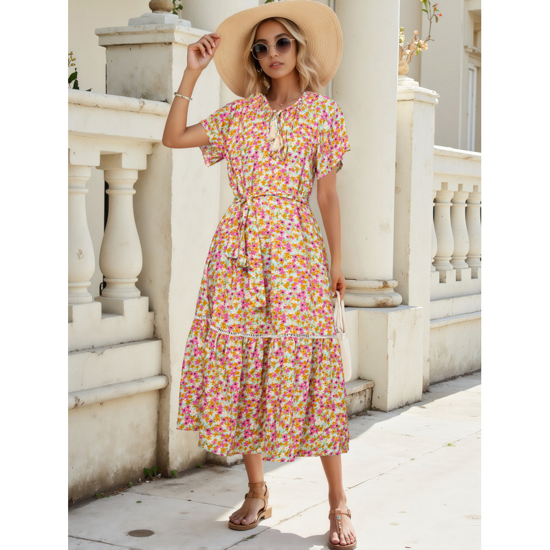 Floral Print Cutout Lace Ruffle Short Sleeve Dress