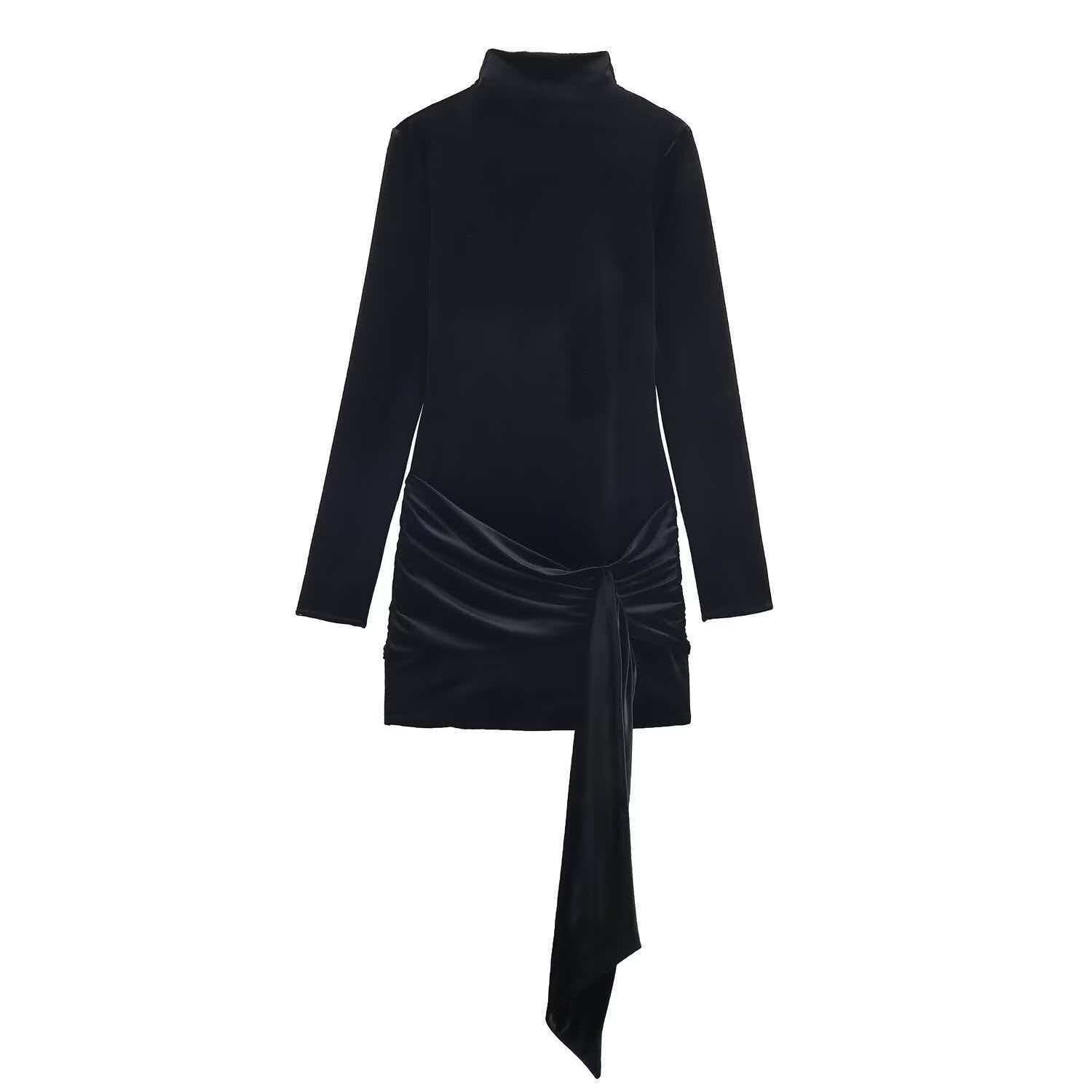 Women's Velvet High Neck Bodycon Mini Dress with Belt