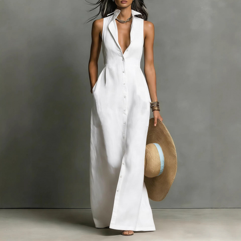 Sleeveless Button-Front Shirt Dress with Collar