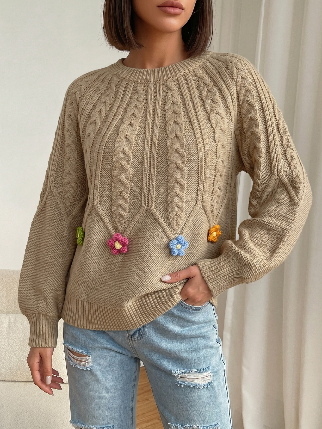Women's Cable-Knit Sweater with Lantern Sleeves and Round Neck