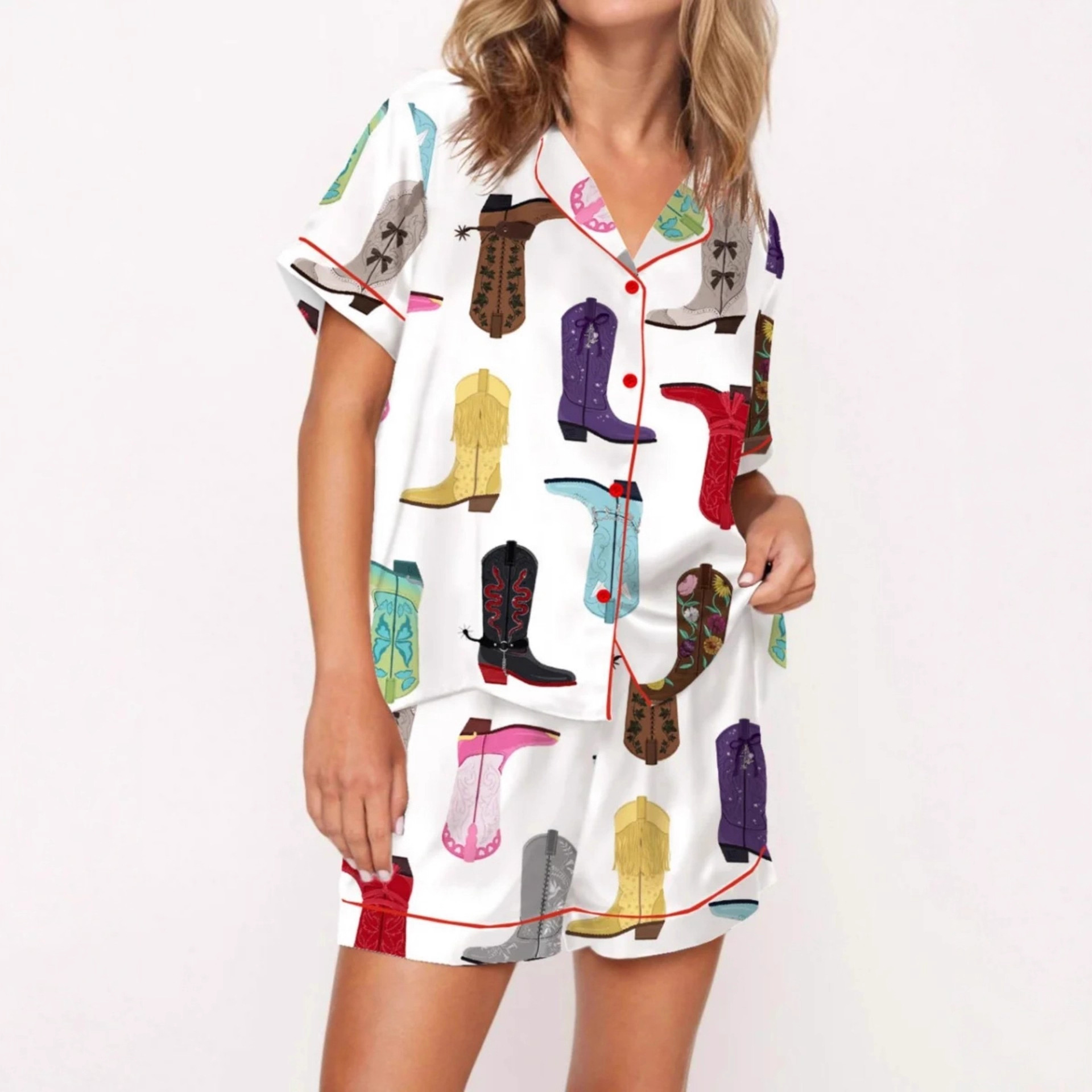 Women's Cuban Collar Short Sleeve Shirt Set with Novelty Print