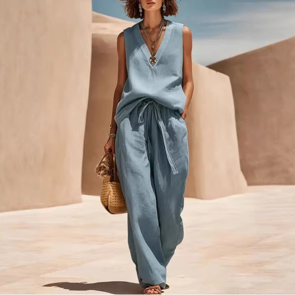 Women's Sleeveless Linen-Blend Tank Top and Wide-Leg Pants Set