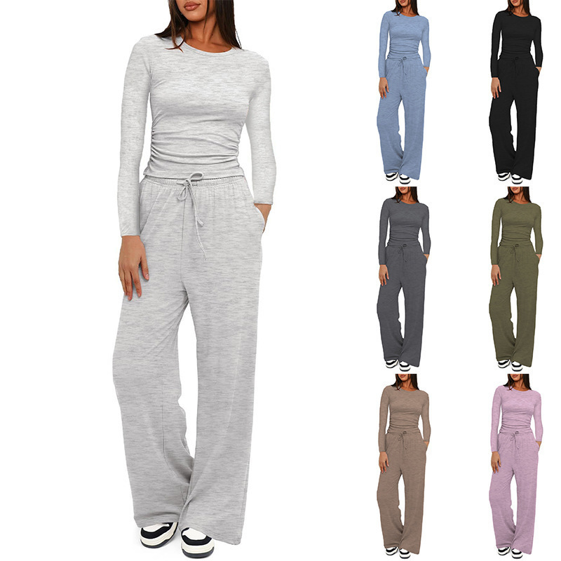 Solid Color Long Sleeve Top & High-Waist Wide-Leg Pants Set