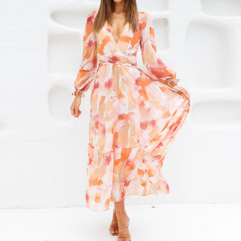 Bohemian Deep V-Neck Floral High-Waist Long-Sleeve Midi Dress