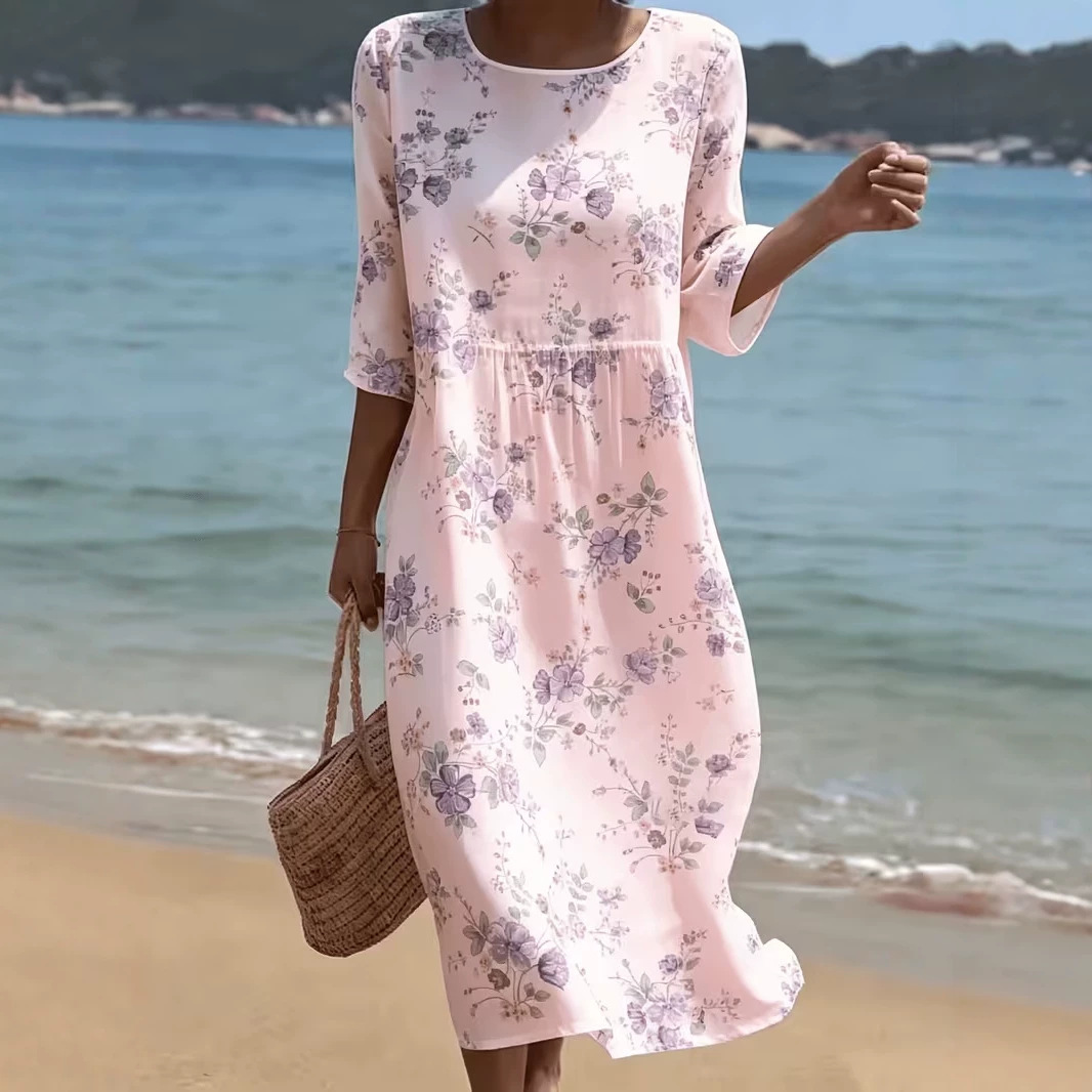 Women's Floral Print Ruched Midi Dress Crew Neck Half Sleeve
