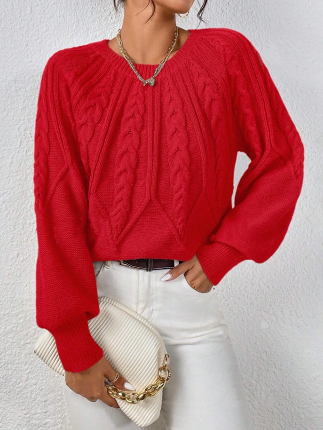 Women's Cable Knit Crewneck Pullover Sweater Solid Color Casual Top