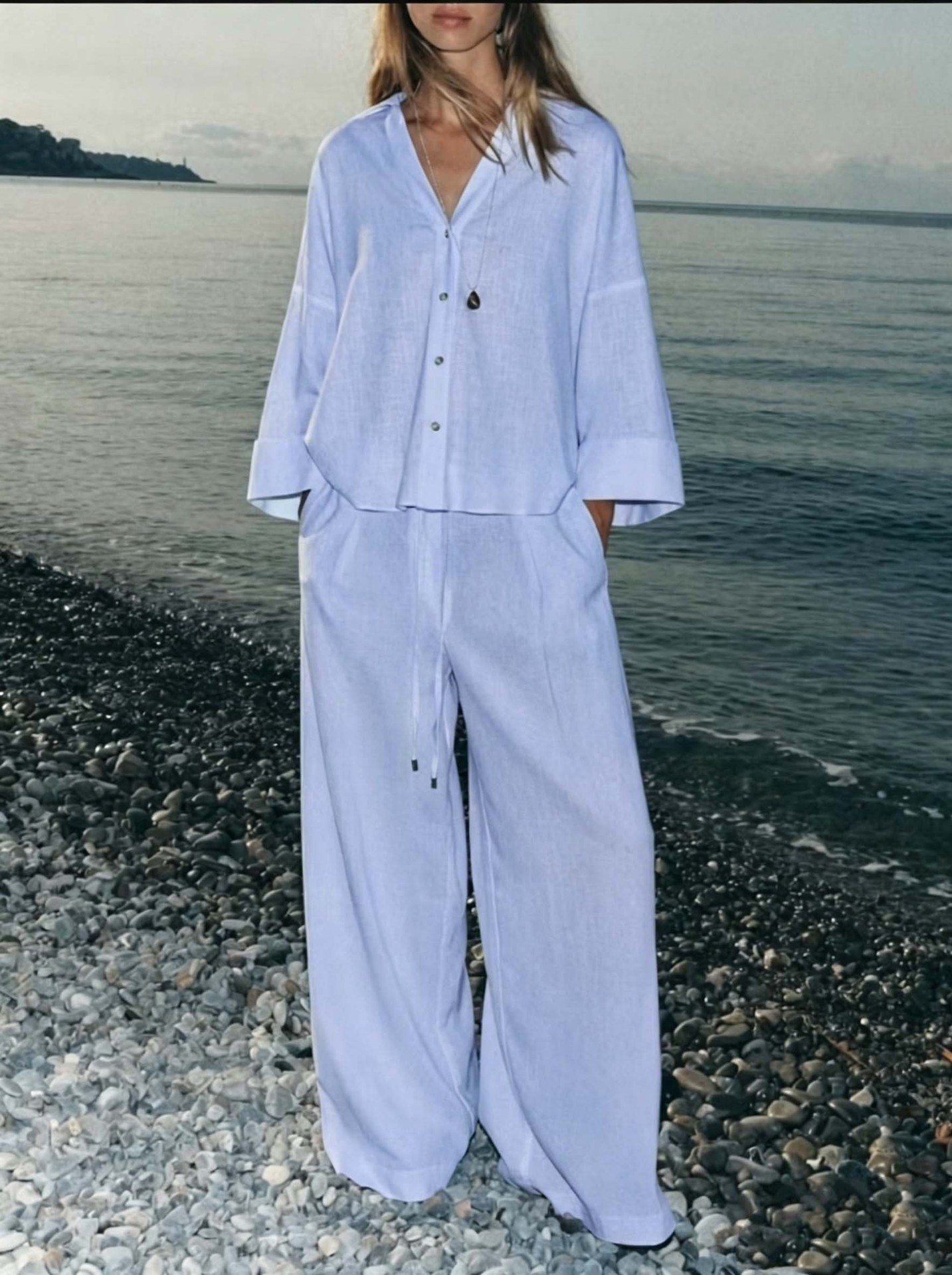 Women's Solid Color Shirt and Pants Set Casual Cotton Blend