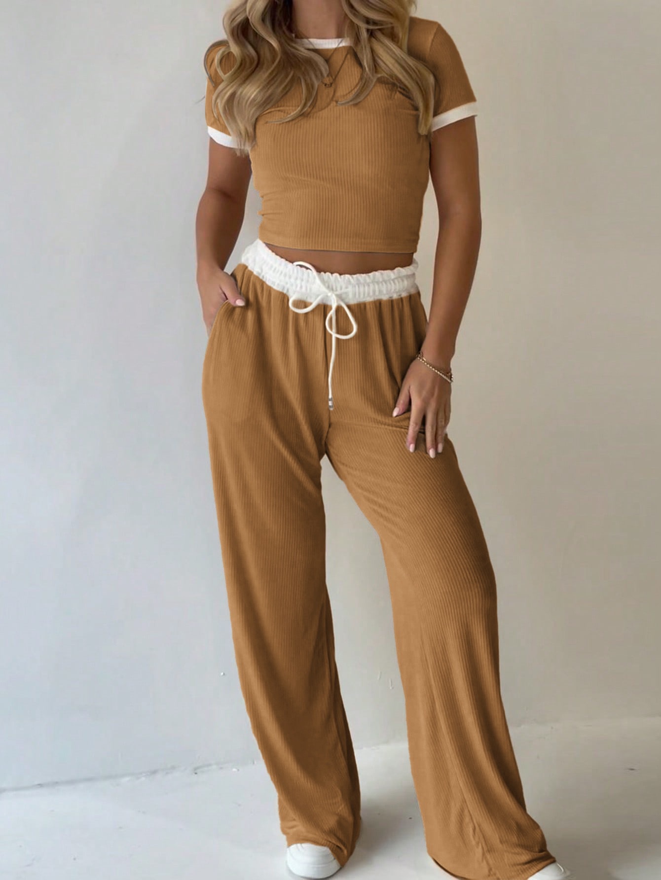 Women's Short Sleeve Wide Leg Two Piece Pants Set Casual Solid Color