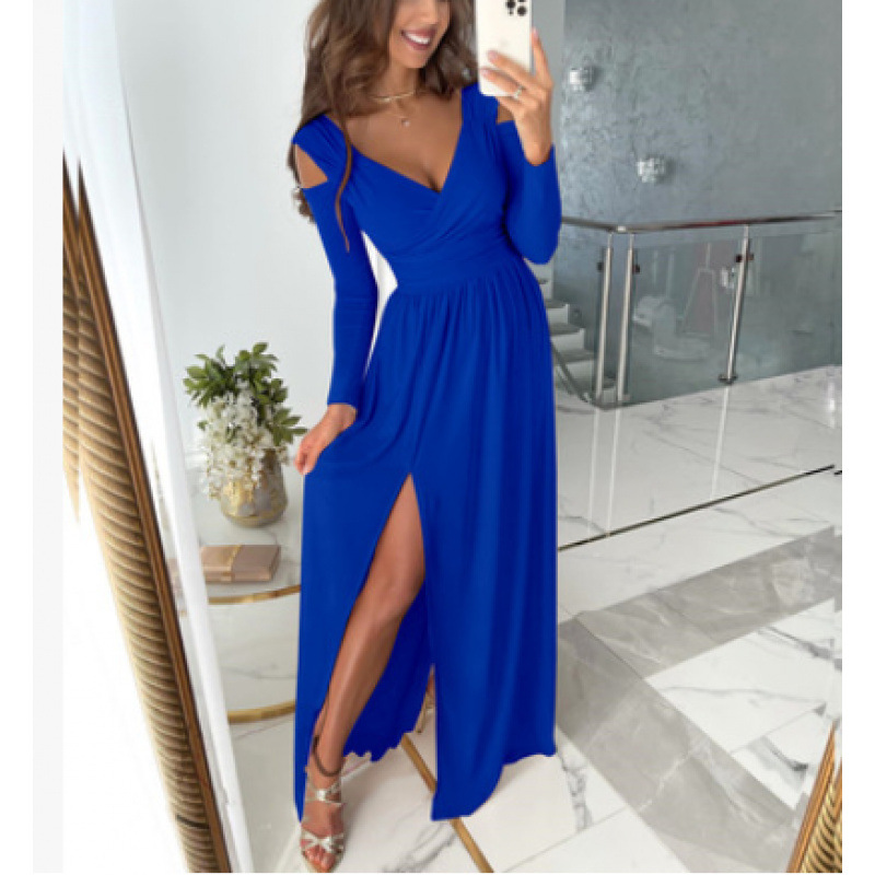 Long Sleeve V-Neck Solid Color Split Hem Dress