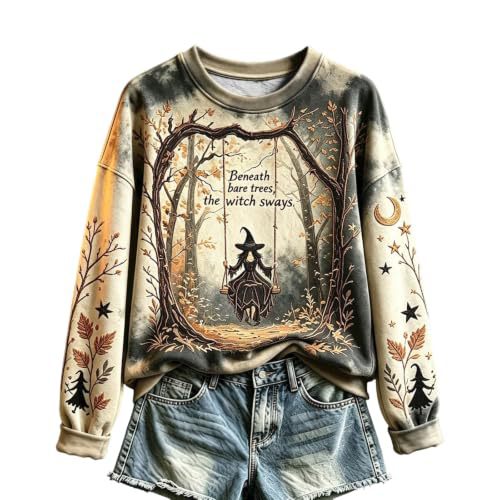 Halloween Witch Castle Print Crewneck Long Sleeve Pullover Sweatshirt