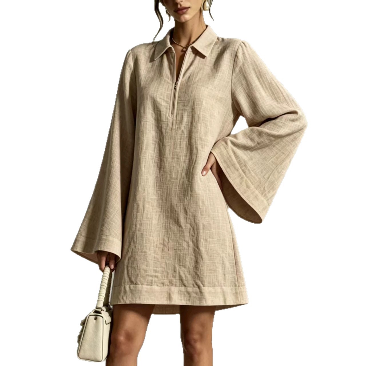 Solid Color Half-Zip Collared Loose Long-Sleeve Casual Dress