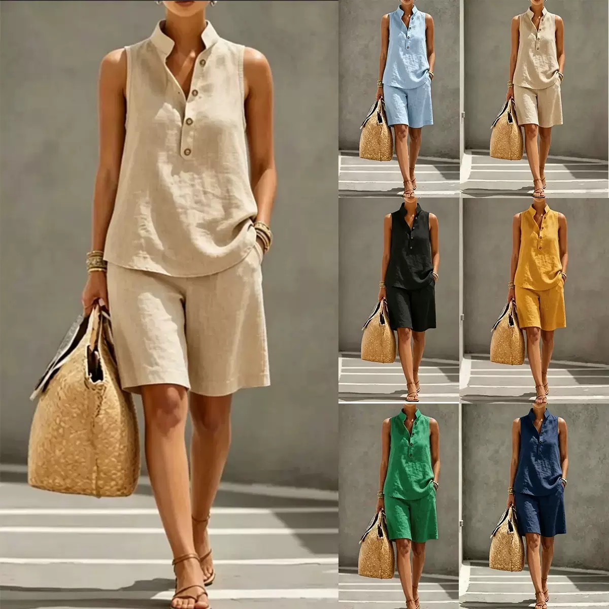 Women's Cotton-Linen Sleeveless Two-Piece Set Casual Summer Vacation Outfit