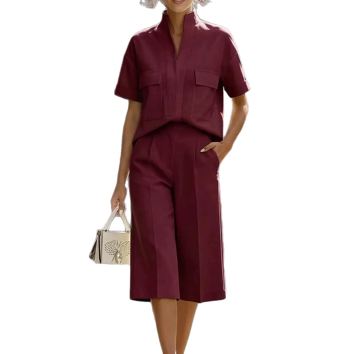 Women's Casual Short Sleeve Two-Piece Set – Loose Solid Color Shirt & Capri Pants