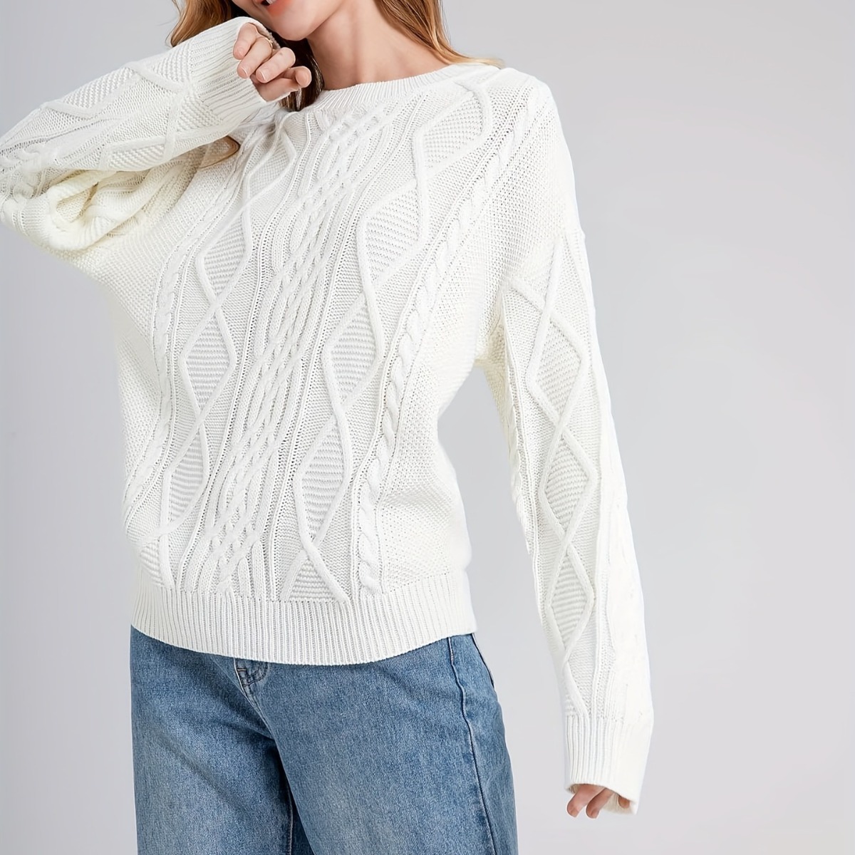 White Cable Knit Sweater Women's Long Sleeve Crewneck Geometric Pullover