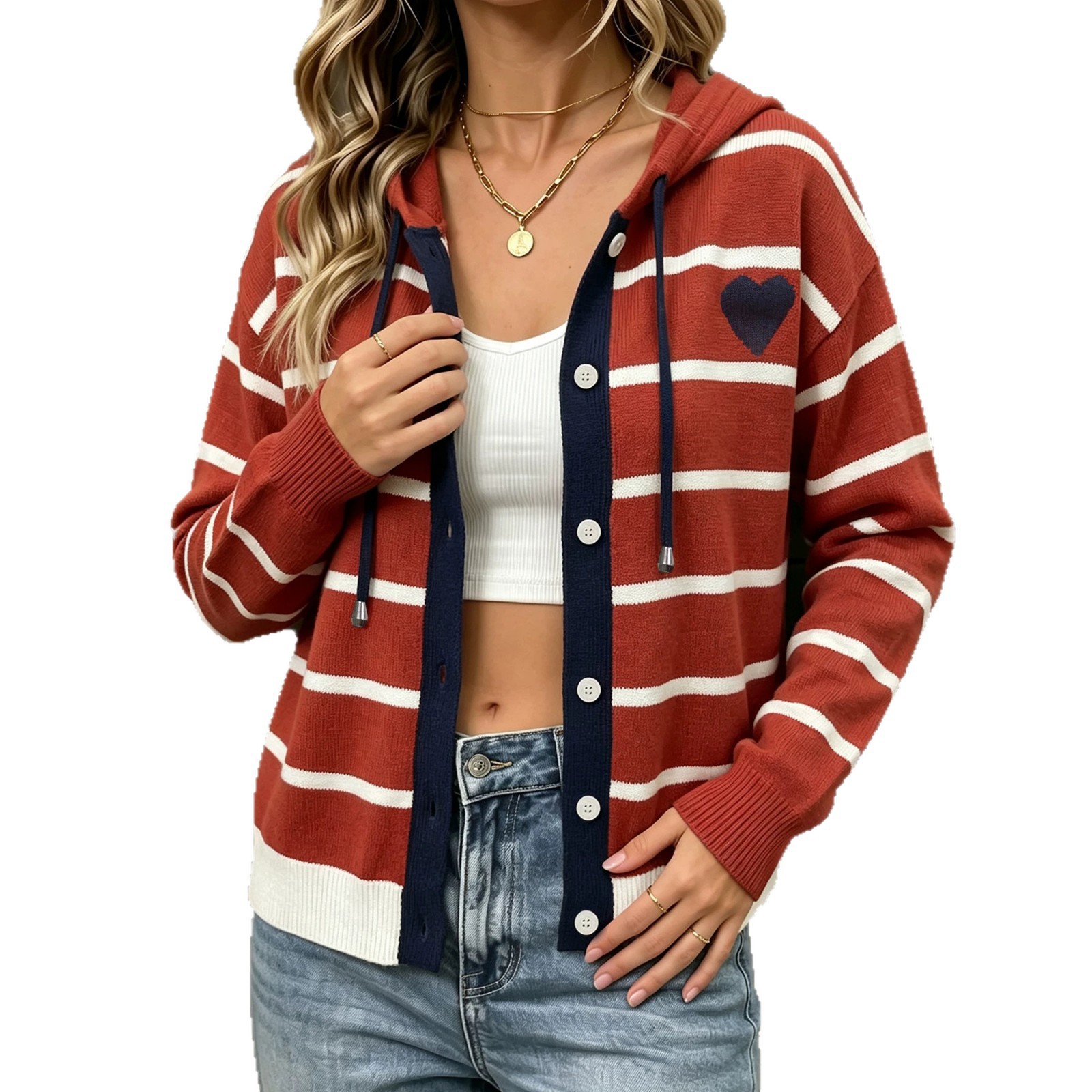 Women's Color-Block Heart Knit Cardigan with Striped Hooded Drawstring