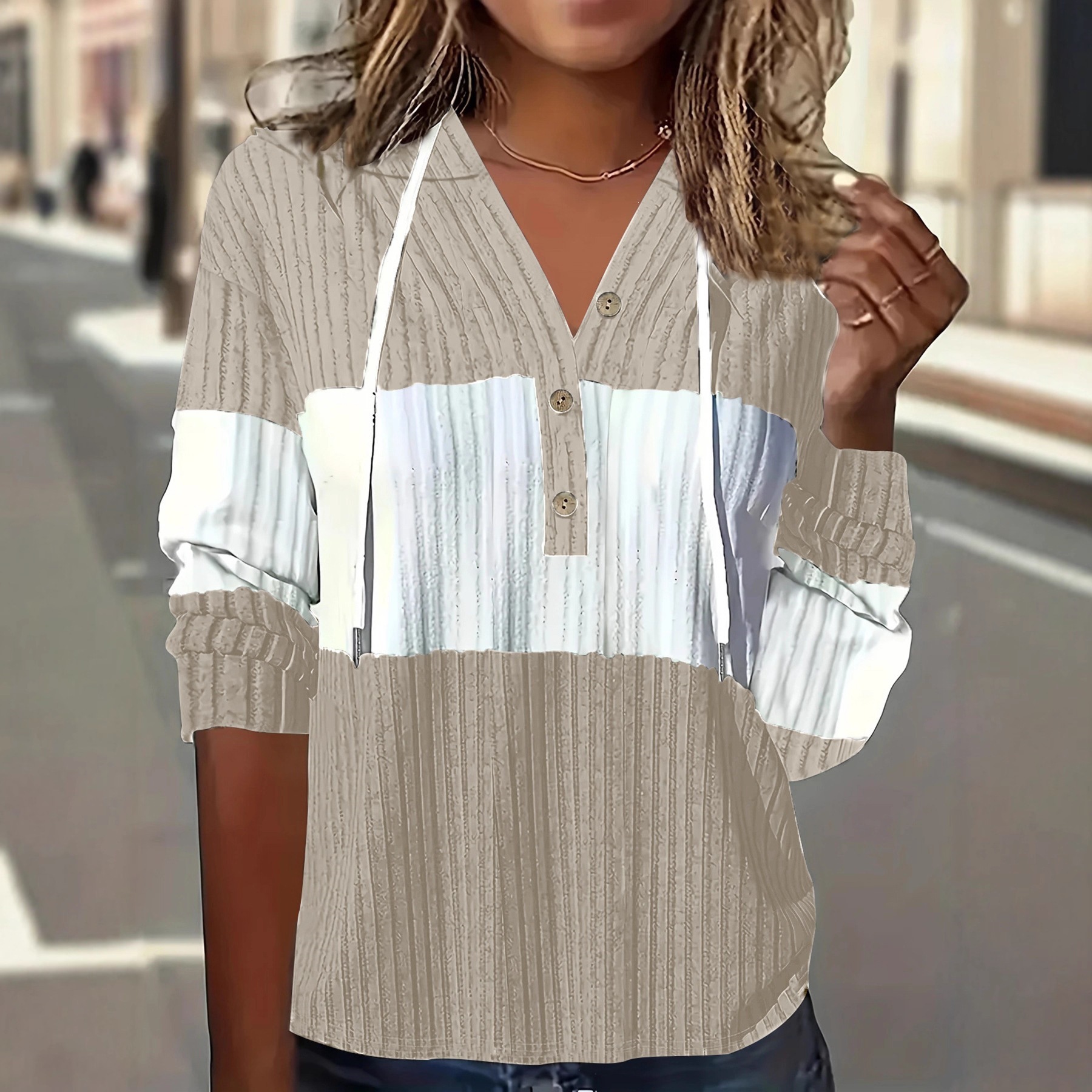 Color-Block Hooded Long-Sleeve Button Drawstring Striped Panel Loose Top