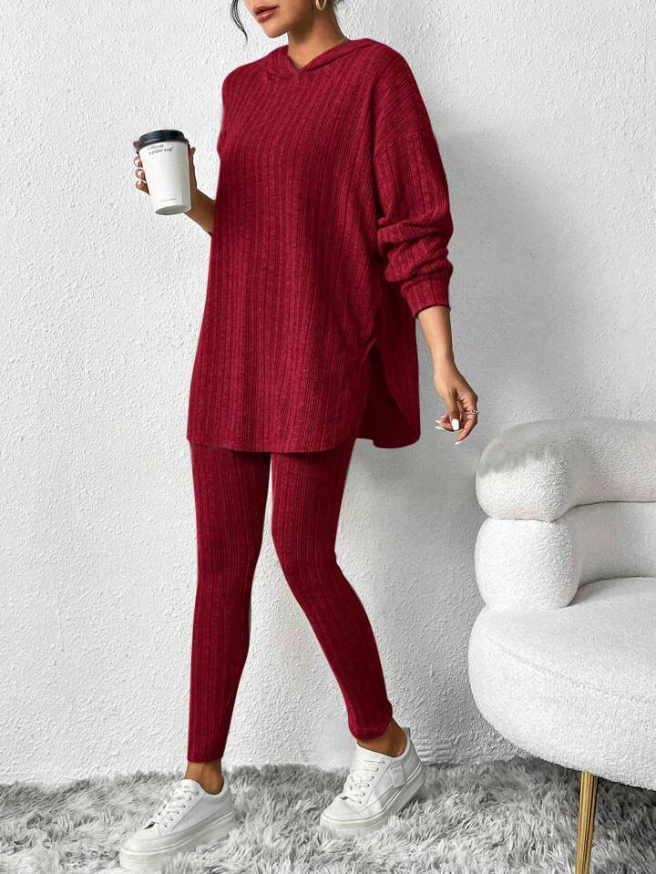 Ribbed Knit Hooded Long Sleeve Lounge Set
