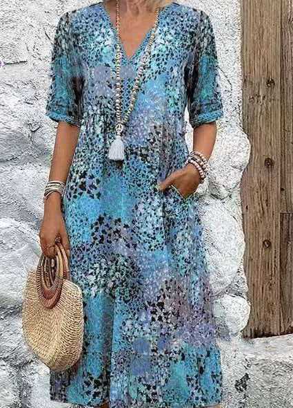Floral Print V-Neck Short Sleeve Midi Dress with Pockets