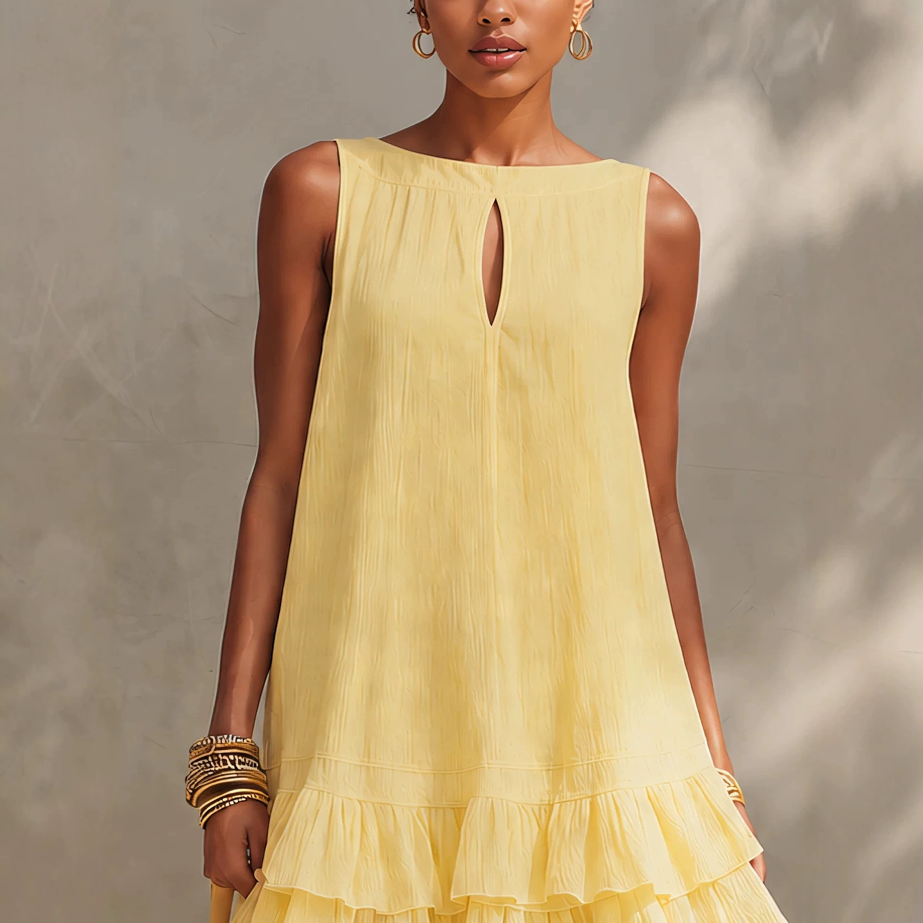 Light Yellow Textured Boat Neck Cutout Sleeveless A-Line Dress with Double Ruffle Hem