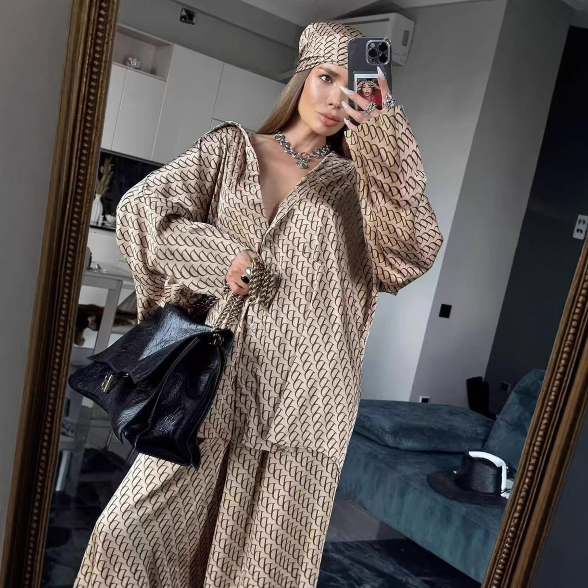 Women's Printed Long Sleeve Shirt and Pants Set