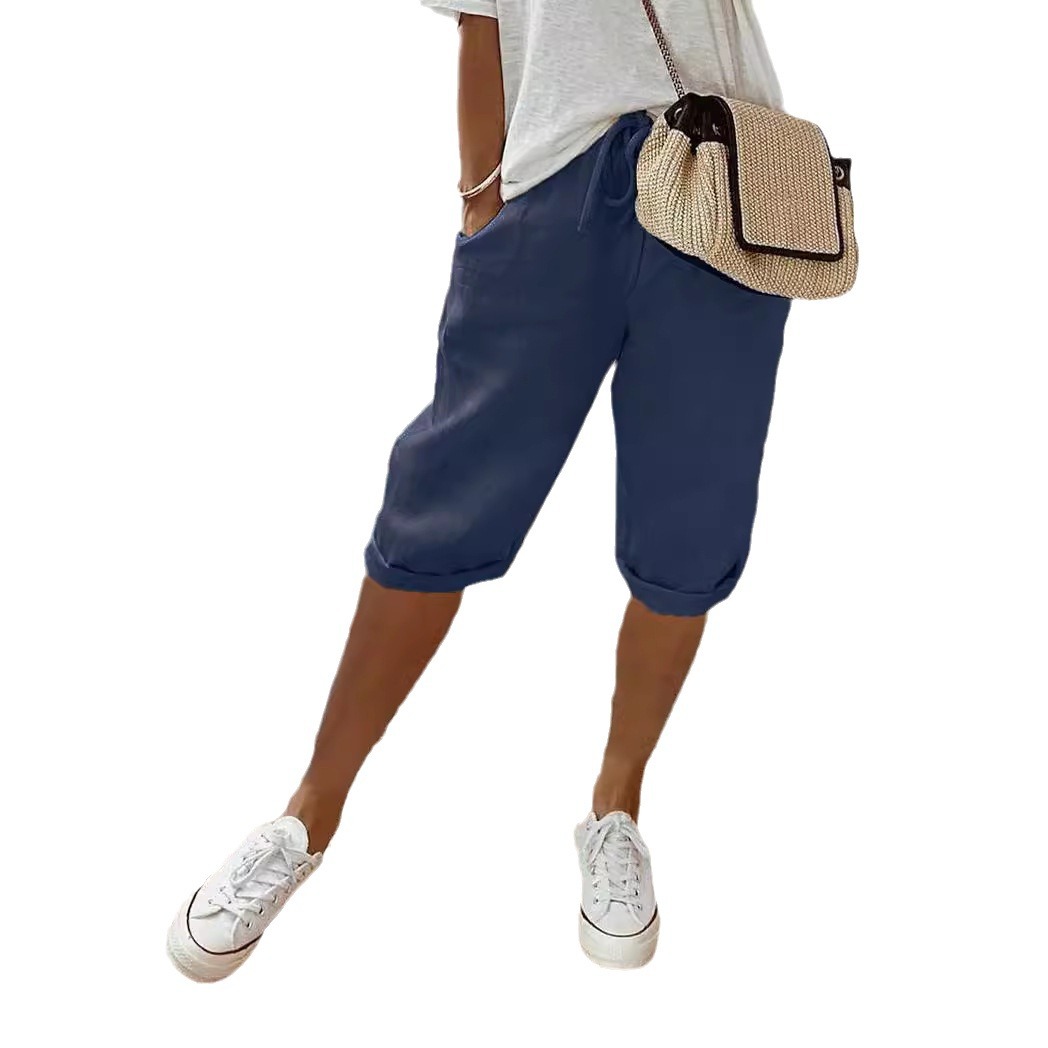 Women's Cotton Linen Elastic Waist Casual Shorts with Pockets