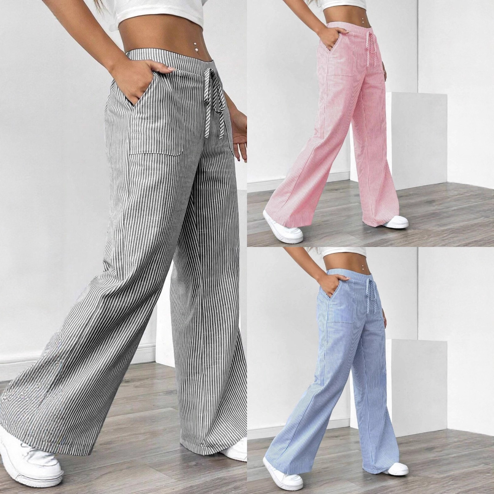 Striped Wide-Leg Pants Casual Streetwear Loose Fit High Waist