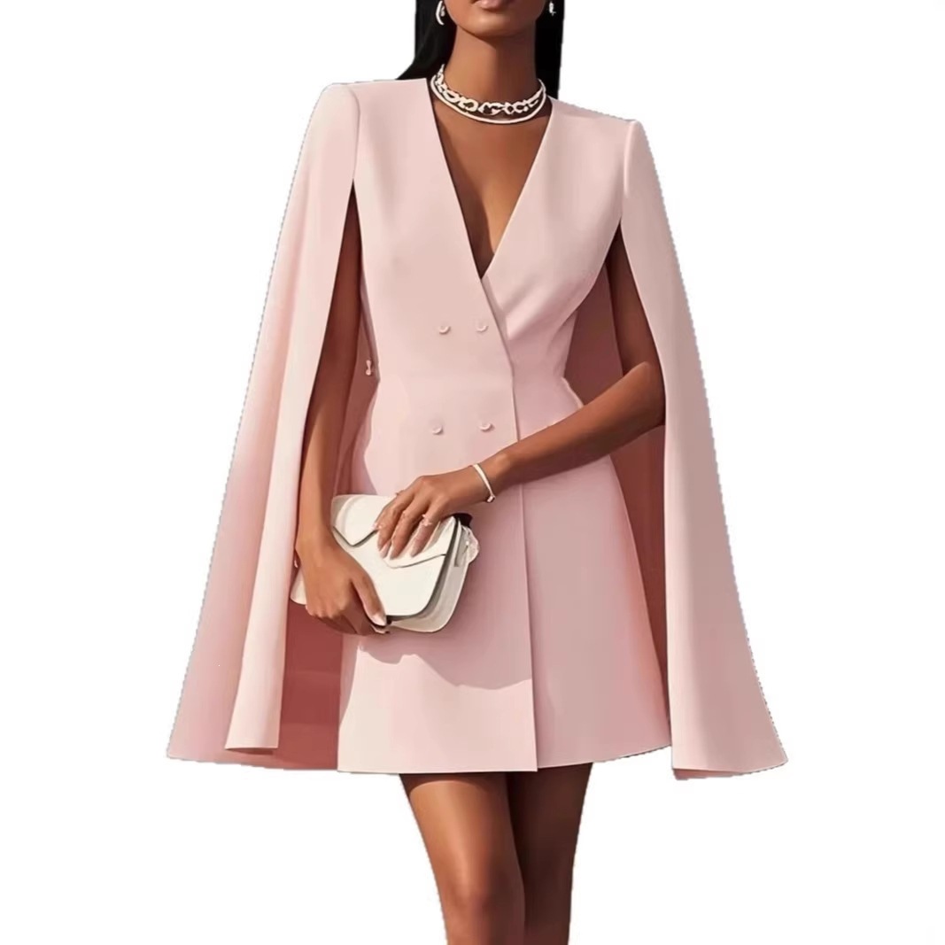 Double-Breasted Cape Blazer Dress Solid Color V-Neck A-Line Midi