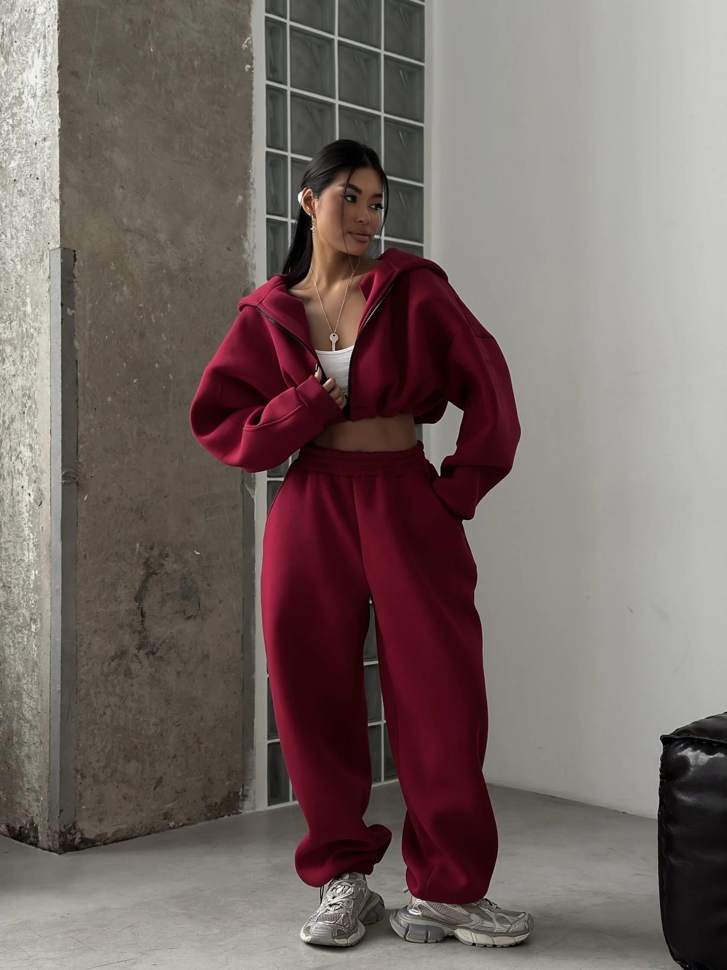 Women's Solid Color Zip-Up Hoodie and Wide-Leg Pants Two-Piece Set