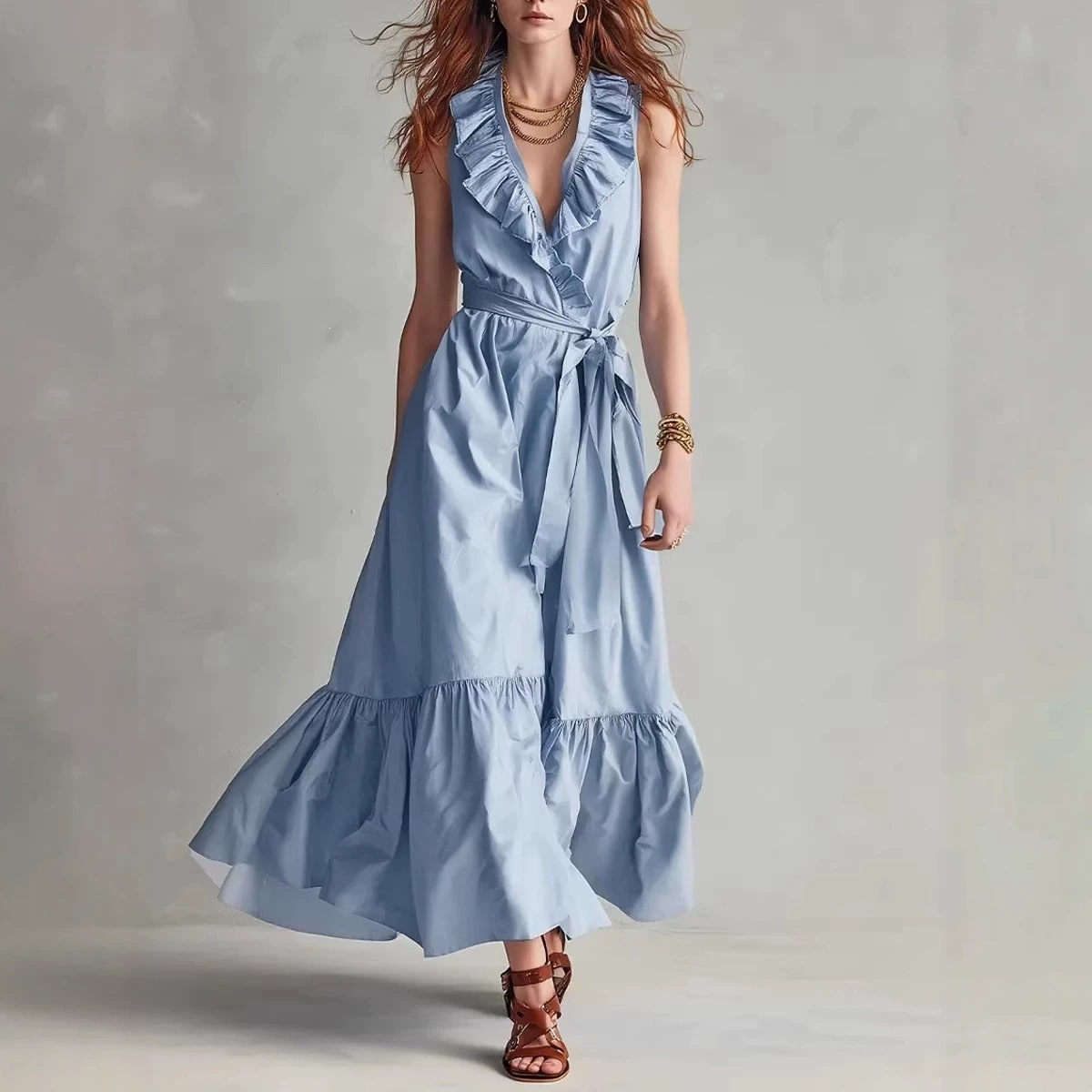 Solid V-Neck Sleeveless Lace-Up Ruffle Long Dress