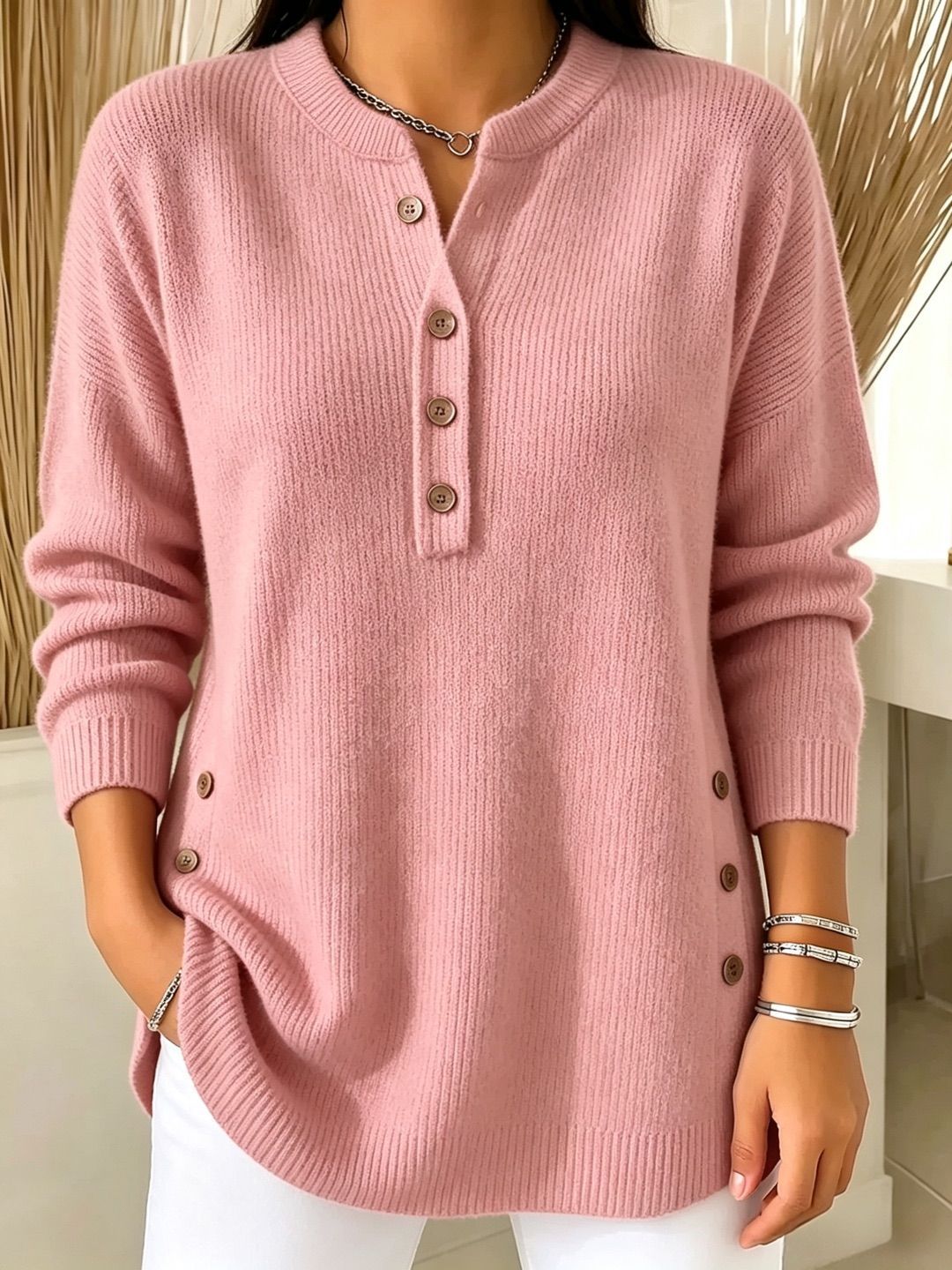 Women's V-Neck Button Knit Sweater Solid Color Loose Fit Top
