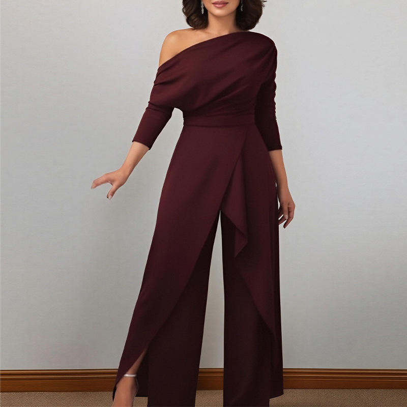 Women's One-Shoulder Wide-Leg Jumpsuit Solid Color High Waist Long Sleeve